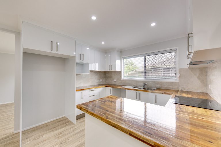 Timber benches white cupboards kitchen logan lea